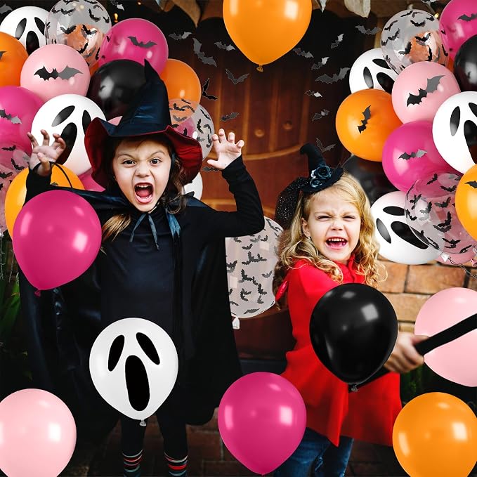 Orange Pink Halloween Balloons, 12 Inch Ghost Balloons, Bat Print Balloon - Image 6