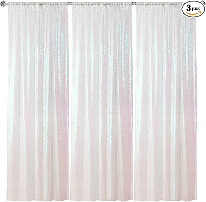Sugargirl White Iridescent Sequin Backdrop Curtain 3 Panels 2FTx8FT Glitter by Sugargirl