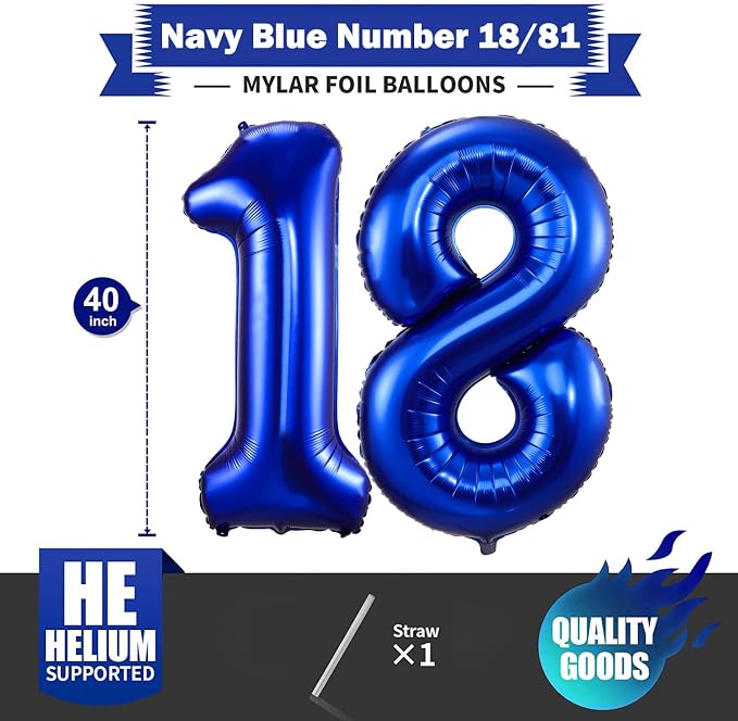 Navy Blue 18 Balloon Numbers, 40 Inch Dark Blue 18 or 81 Birthday Balloons - Image 2