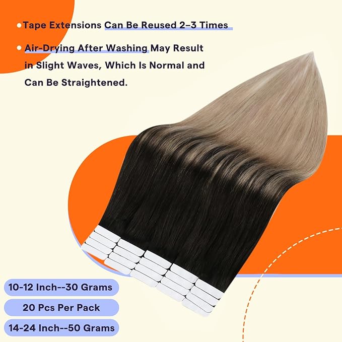 Full Shine Hair Extensions Real Human Hair Tape in Color 1B/18 Black to Blonde 18 Inch Natural Seamless Skin Weft Tape in Hair Extensions Human Hair 20PCS 50g Remy Extensions for Women Real Hair