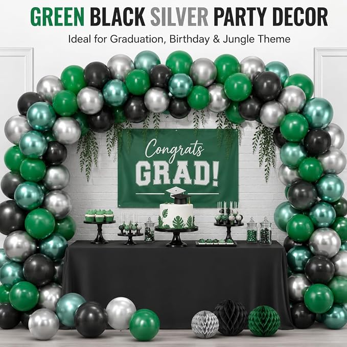 Green Black Balloons Metallic Green Silver Balloons - Image 2
