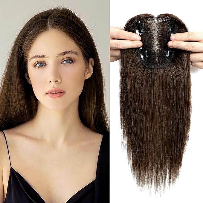 Human Hair Toppers for Women Real HairTopper with Thinning Hair 120% Density Round Shaped Swiss Base Hair Pieces 40g-Medium Brown（12inch,4#）