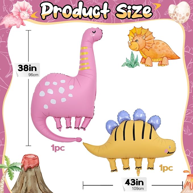 Giant Dinosaur Foil Balloons, 38-43 Inch Big Cute Pink Yellow Dinosaur Helium - Image 2