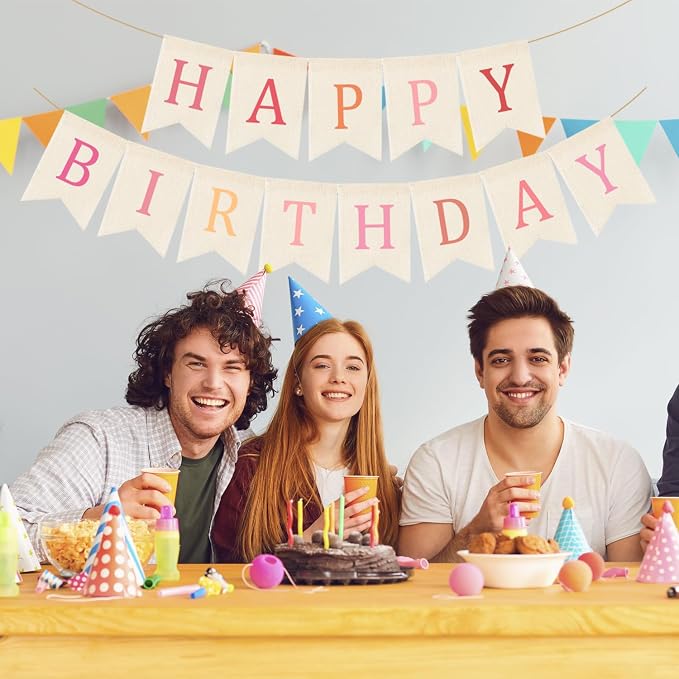 Doumeny Happy Birthday Burlap Banner Boho Birthday Garland Bunting Ombre Pink - Image 7