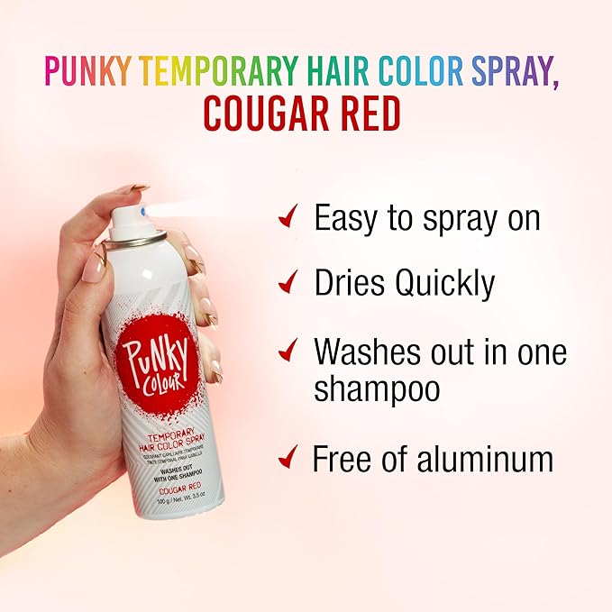 Punky Temporary Hair Color Spray, Cougar Red, Non-Damaging Spray-On Hair Dye Instant Vivid Hair Color, 3.5 oz, 1-Pack