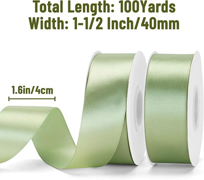 KINGLAKE Sage Green Satin Ribbon – 1-1/2 Inch x 2 Rolls Light Green Ribbon - Image 2