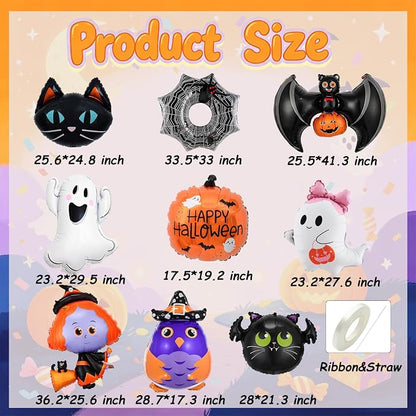 9Pcs Halloween Balloons Decoration Set, Foil Ghost, Spider Web, Pumpkin & Bat - Image 7