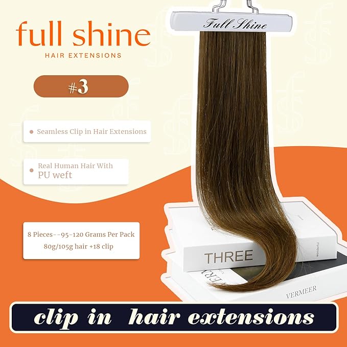 Full Shine Brown Clip in Hair Extensions Natural Brown Seamless Clip ins Full Head Invisible Hair Extension Human Hair Short Real Hair 14 Inch 8 PCS 120 G