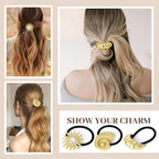 3PCS Gold Hair Ties, Metal Hair Ties for Thick Hair, Gold Ponytail Cuff Elegant Durable Geometric Design, Hair Accessories for Women, Stretchy & Non Damage Ponytail Holders with Pendant Holiday Gifts