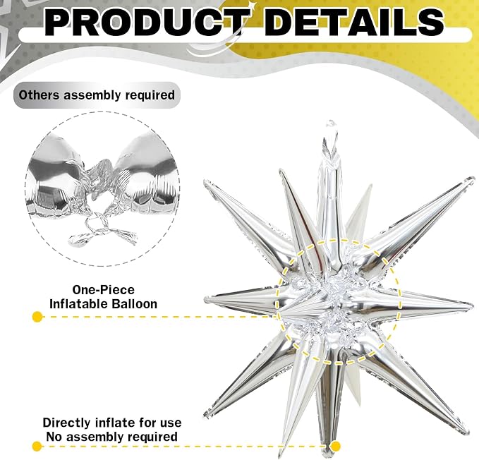 HILAVO 6PCS Gold Silver Star Balloons, 22Inch Large Star Balloon Foil Spike - Image 3