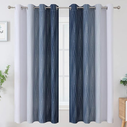 Full Room Darkening Greyish White and Navy Blue Blackout Curtains 63 Inch - Image 2