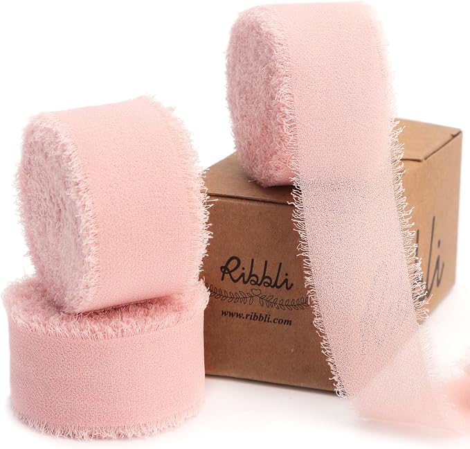 Ribbli Blush Pink Ribbon 1 Inch x 3 Rolls Total 24 Yards Pink Handmade Fringe by Ribbli