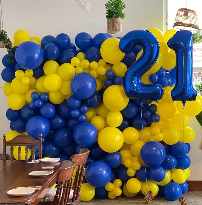 Blue and Yellow Balloons, 12 Inch Double Stuffed Chrome Royal Blue and Yellow - Image 3