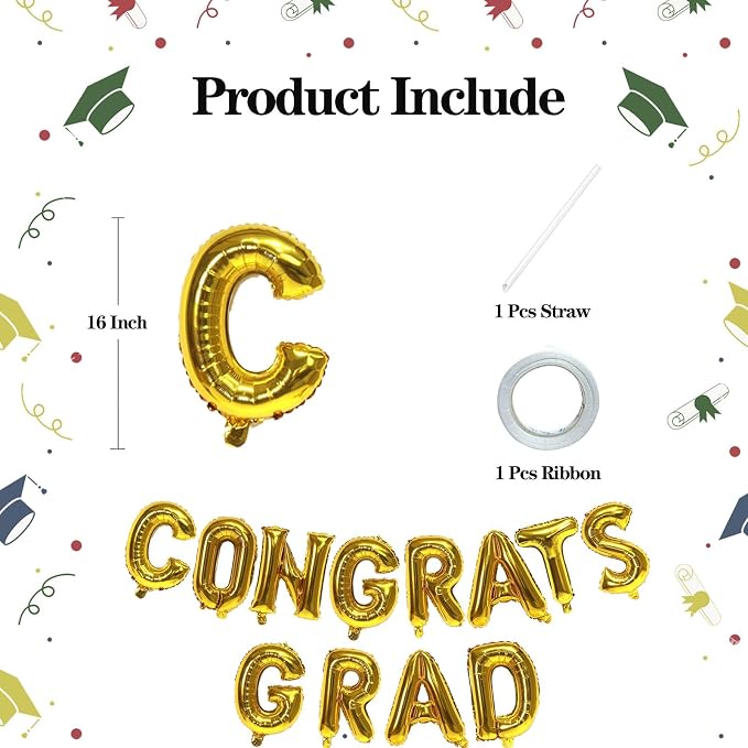 16 Inch Gold Congrats Grad Banner Balloons, Graduation Decorations 2026 - Image 2