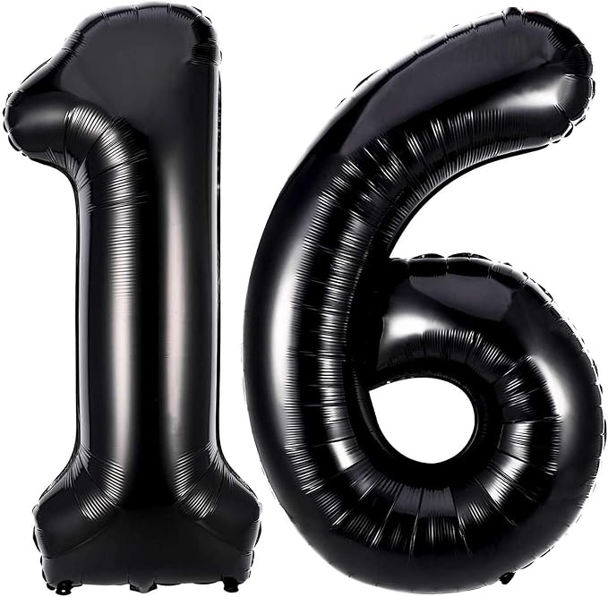 Black 16 Number Balloons, 40 Inch Giant Number 16 Balloons Foil Mylar Helium by Lovoir
