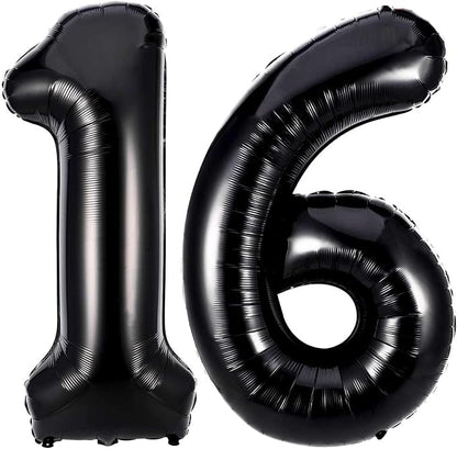 Black 16 Number Balloons, 40 Inch Giant Number 16 Balloons Foil Mylar Helium by Lovoir