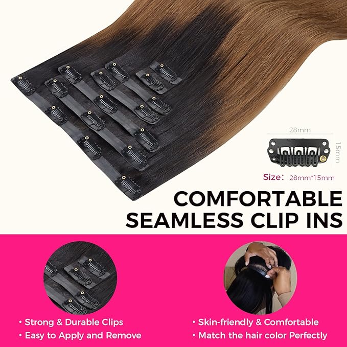 Lashey Light Yaki Straight Seamless Clip in Hair Extensions Human Hair 110g 7pcs Ombre Natural Black to Medium Auburn Hair Extensions Real Human Hair 20 Inch Long Human Hair Extensions for Women