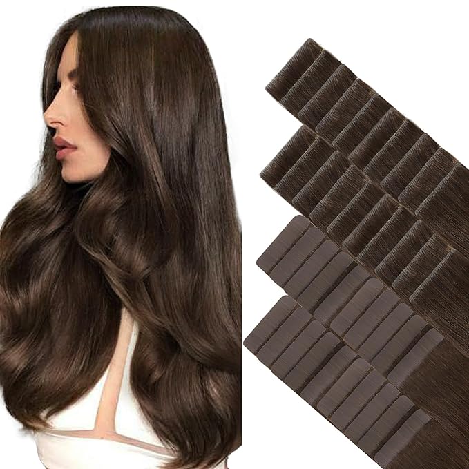 GOO GOO Invisi Edge Tape in Hair Extensions Human Hair, 4A Chocolate Brown 20pcs injected with 20pcs classical tape ins, 10inch 60g, Virgin Remy Hair, Natural Look