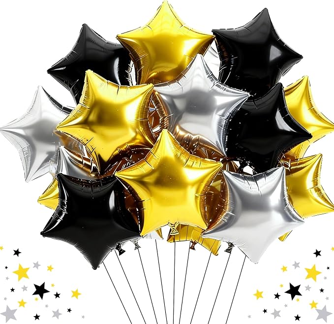 TONIFUL 15 Pcs Star Balloons 18 Inch Large Black Gold Silver Foil Balloons | by TONIFUL