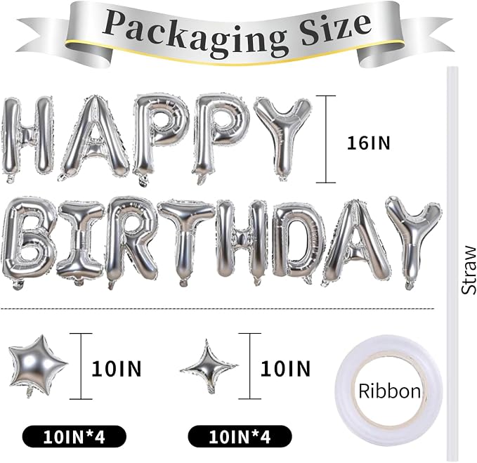 Silver Happy Birthday Balloons Banner 16 Inch Mylar Foil Letters, 10 Inch Five - Image 3