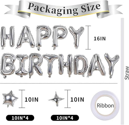 Silver Happy Birthday Balloons Banner 16 Inch Mylar Foil Letters, 10 Inch Five - Image 3