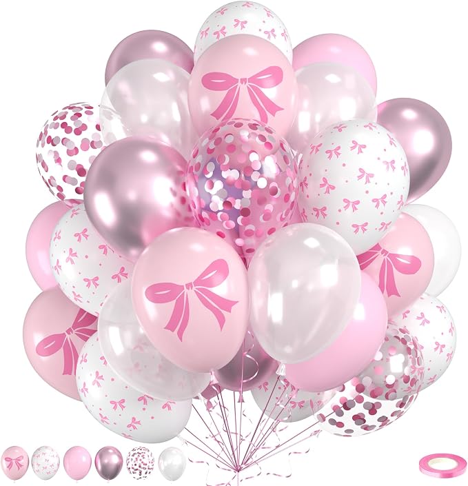 Pink Bow Balloons, Bow Printed Balloon Metallic Confetti Balloon by Saxuxu