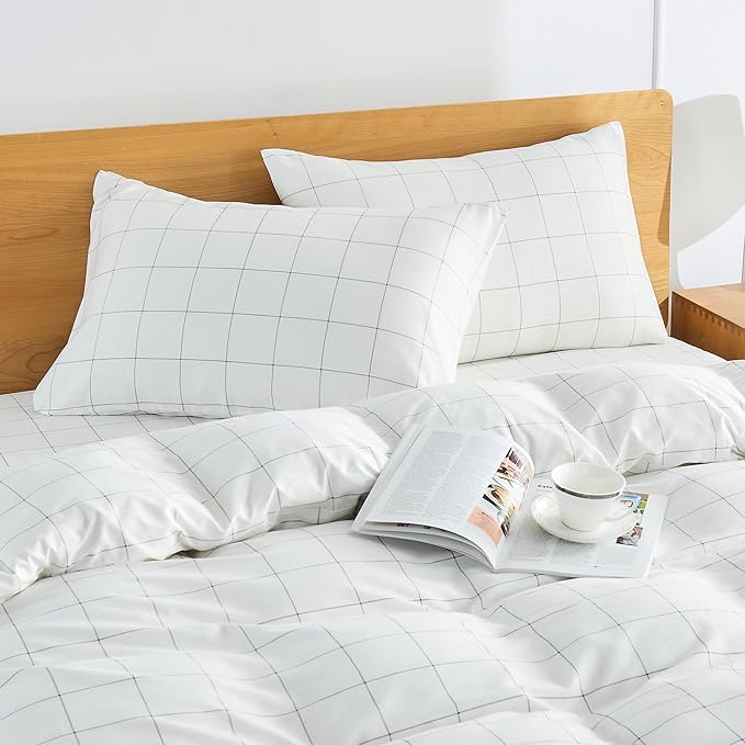 JELLYMONI 100% Natural Cotton Plaid Standard Pillowcases Set, 2 Pack White with Black Grid Geometric Pattern Printed Pillow Covers with Envelope Closure(Pillows are not Included)