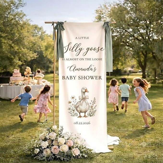 Personalized Silly Goose Baby Shower Fabric Sign Hello Baby Linen Backdrop1 | - Image 4