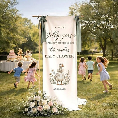 Personalized Silly Goose Baby Shower Fabric Sign Hello Baby Linen Backdrop1 | - Image 4
