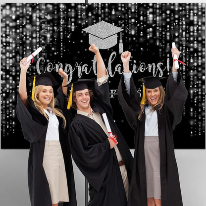 Mocsicka Class of 2026 Backdrop Black Silver Glitter Bokeh Graduation Party - Image 8