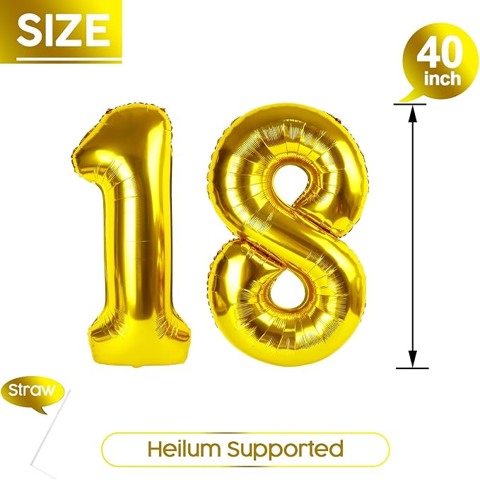 18 Balloon - Gold Birthday Number Balloons, 40 Inch Decorations Men Women | - Image 5