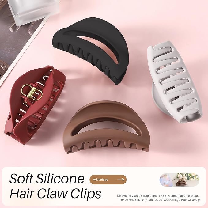 4Pcs Cloud Claw Clips for Women, 4.1" Non-Slip Strong Hold Hair Claws, Unbreakable TPEE-Silicone Blend, Large Bendable Cozy Hair Clip for Thin/Thick/Curly Hair, All-Day Comfort Matte Jaw Clip