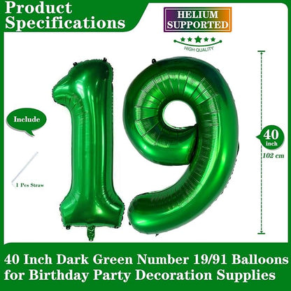 Dark Green 19 Number Balloons, 40 Inch Giant Number 19 Balloons Foil Mylar - Image 2