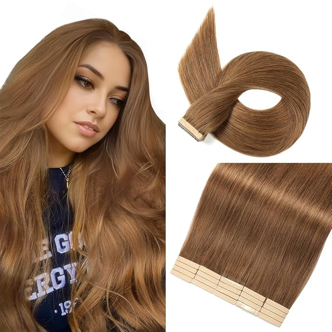 Tape in Hair Extensions Human Hair 16 Inch 20pcs Invisible Tape ins Hair Extensions Real Human Hair Tawny Brown Remy Seamless Injected Tape Extensions
