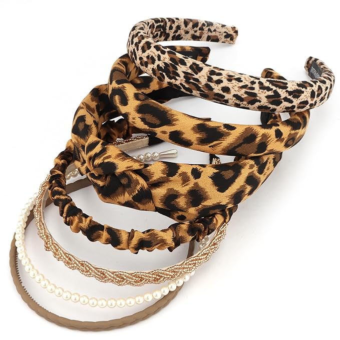 VELSCRUN Headbands for Women 7 Pcs Different Dark Leopard Color Knotted Solid Pearl Head Bands Non Slip Hair Band Stuff for Teen Girls Womens Trendy Fashion Diademas Para Mujer Hair Accessories