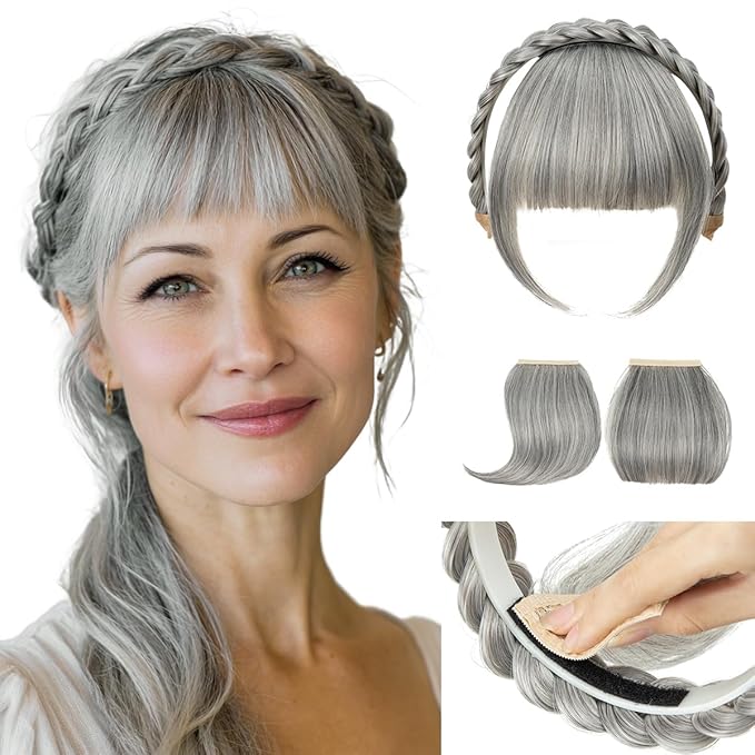 SARLA Braided Headband with 3 Detachable Clip in Bangs Fringe Hairpieces Fake Synthetic Hair Band Bangs for Women Grey Multi