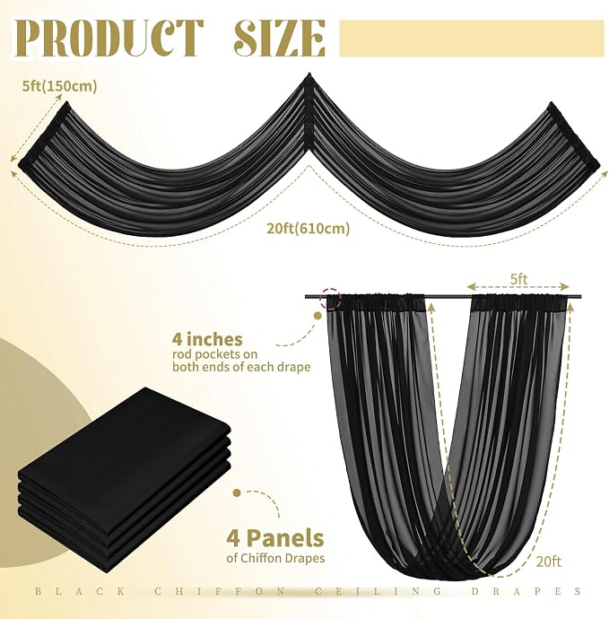 4 Panels Black Ceiling Drapes for Wedding Ceiling Drapes 5ftx20ft Wedding Arch - Image 2