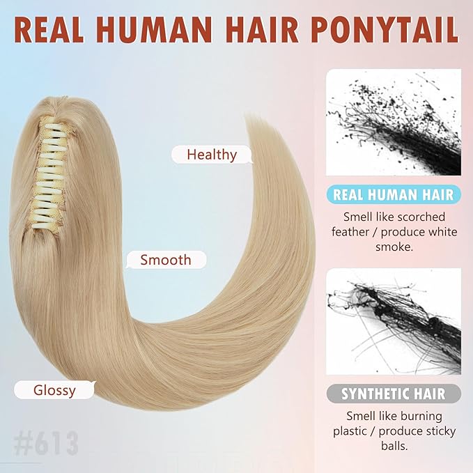 Hairro Ponytail Hair Extensions Claw Clip In Ponytails Jaw On Ponytail Extensions 100% Real Human Hair Long Straight Jaw/Claw Clips Pony Tail Hairpieces For Women 18 Inch 115g #613 Light Blonde
