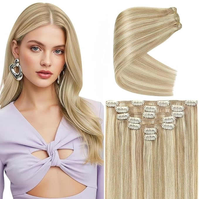 Ve Sunny Blonde Clip in Hair Extensions Real Human Hair Highlighted Clip in Human Hair Extensions Highlight Caramel Blonde with Platinum Blonde Human Hair Extensions Clip ins 120g 16 Inch 7pcs