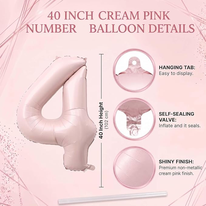 Baby Pink Number 14 Balloon 40 Inch, Pastel Blush Foil Digits Party Supplies | - Image 4