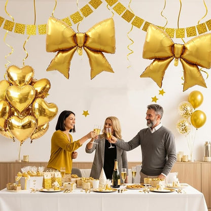 Vuzvuv Gold Heart Balloons Gold Bow Balloons Set, anniversary, Valentine's Day - Image 6