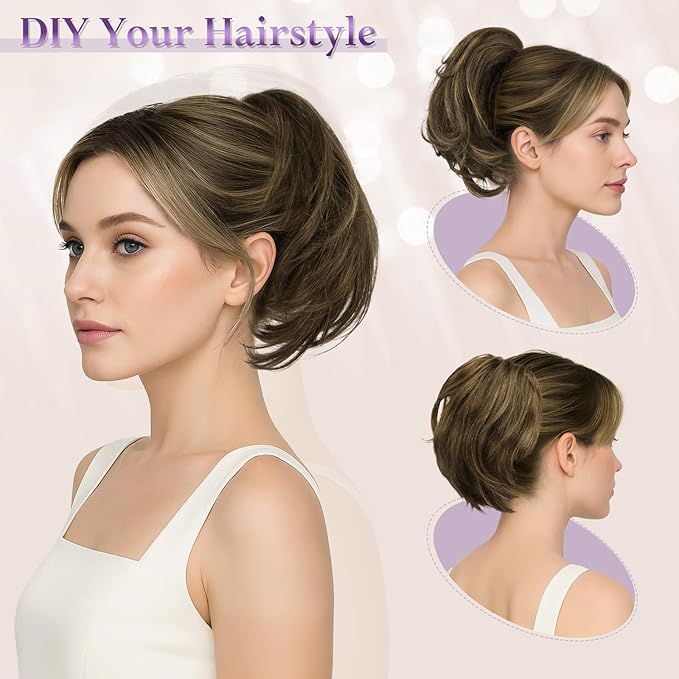 RUWISS Claw Clip Short Human Hair Ponytail Extension with Bendable Metals for DIY Styles Straight Messy Bun Hair Piece for Women Hairpieces for Daily Wear, 9 Inch Salt and Pepper