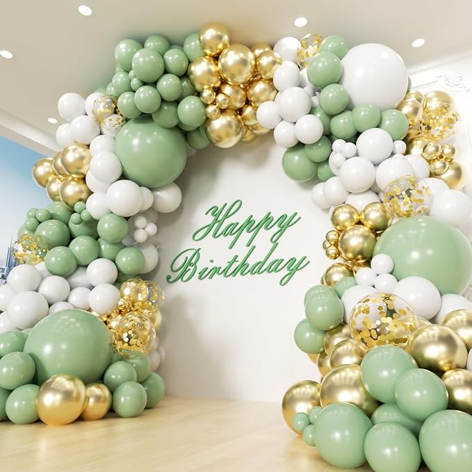 Sage Green White Gold Garland Arch Kit 173Pcs Latex Balloons by PTGOLUO