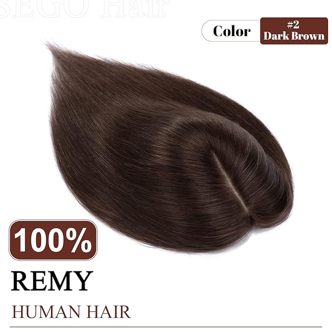 SEGO Real Human Hair Topper for Women without Bangs, Hair Topper with 4 Anti-Slip Clips (10 Inch#2 Dark Brown)
