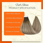 Full Shine Seamless Tape in Hair Extensions 16Inch Color Dark Brown 3 Fading to 8 and 22 Blonde Double Sided Tape in Extension Human Hair Skin Weft 50G Straight for Women Add Volume 20Pcs