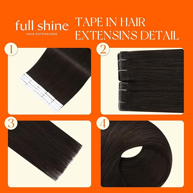 Full Shine Invisi Edge Tape in Hair Extensions Color 2 Dark Brown Machine Remy Injected Tape in Extensions Insert Human Hair 22 Inch Natural Silky 20 Pcs 50 Grams for Wedding Soft
