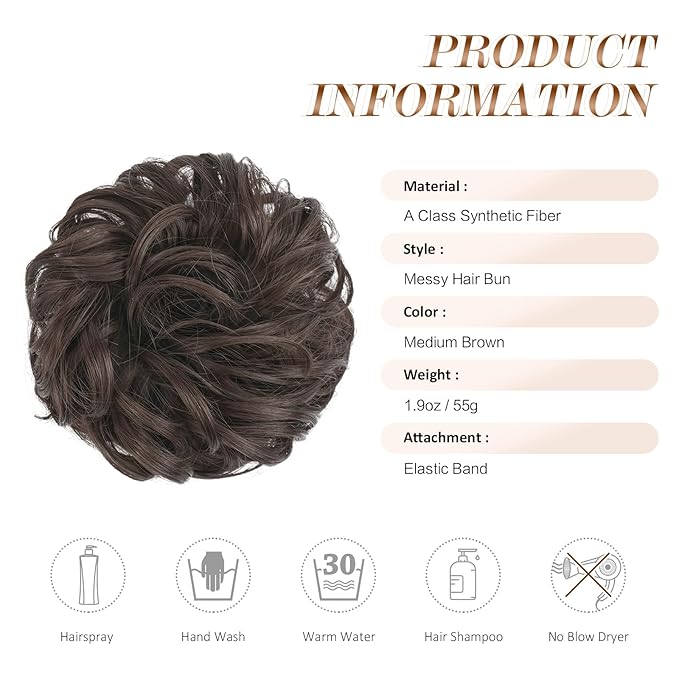 FESHFEN Messy Bun Hair Piece - Large Elastic Wavy Curly Hair Bun Scrunchies Ponytail Extensions Synthetic Chignon Hairpieces for Women, Dark Brown 1.94oz