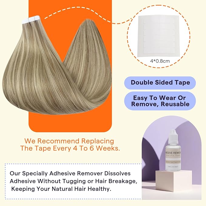 Full Shine Tape in Hair Extensions 20 Inch Natural Remy Hair Extensions 50 Gram Color 16 Highlight 22 Blonde Double Sided Tape Hair 20 Pcs Real Human Hair Tape in Extensions for Women