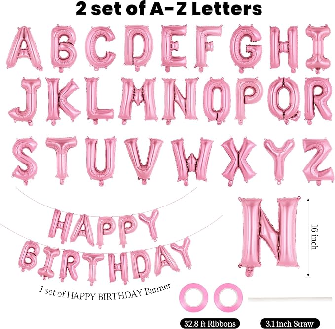 65 Pcs Pink Happy Birthday Balloons, 2 Sets A-Z Pink Letters Foil Balloons - Image 2