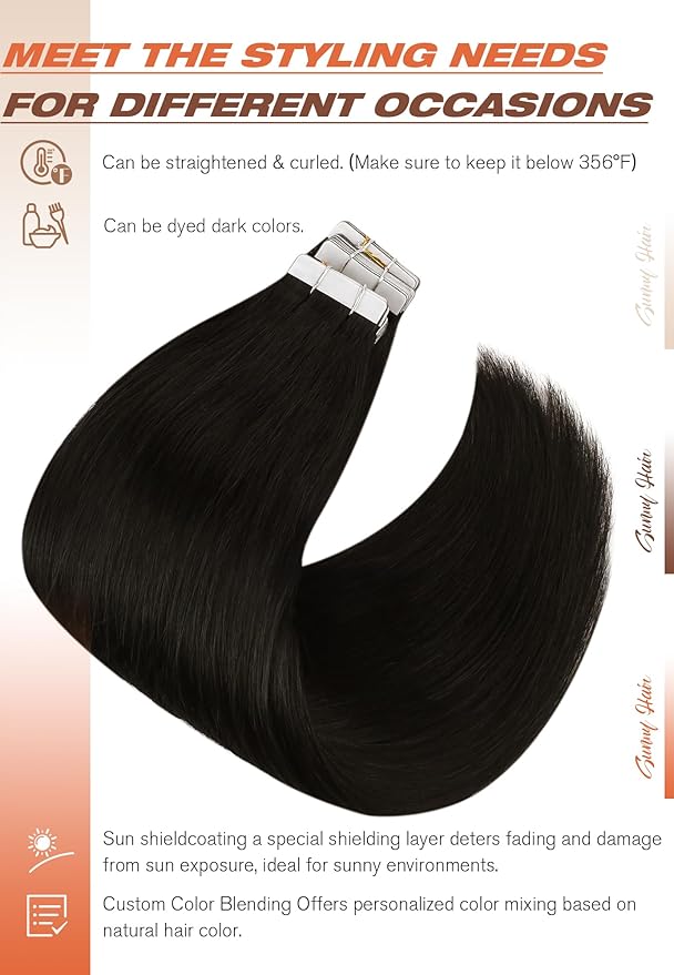 Sunny Hair Tape in Extensions,Remy Hair Extensions Tape in Black Invisible Tape in Hair Extensions Human Hair 100g 16Inch